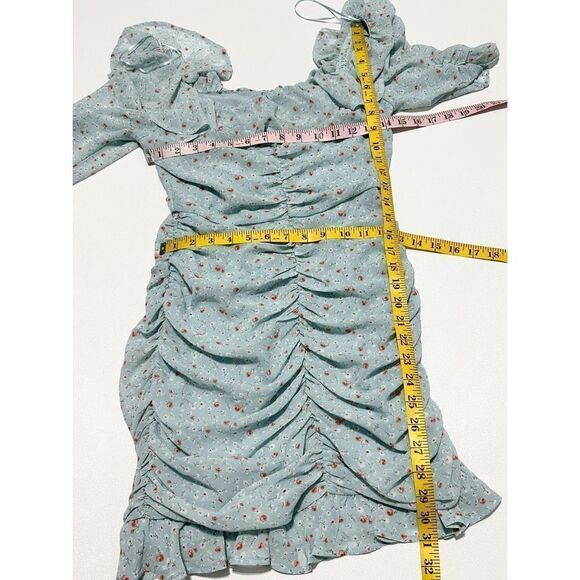 ASTR The Label Womens Ditsy Floral Ruffle Neck Ruched Mini Dress Teal Blue Small - Picture 7 of 11
